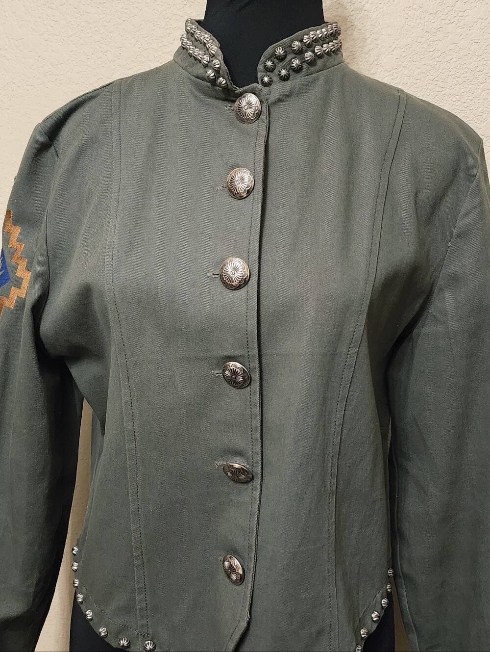 VTG Valencia Olive Green Crop Military Bomber Jacket Silver Concho Buttons
